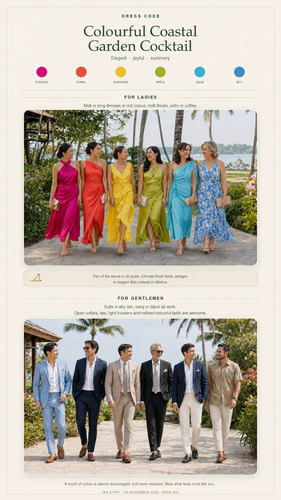Ian and Phy's colourful coastal garden cocktail dress code guide for ladies and gentlemen