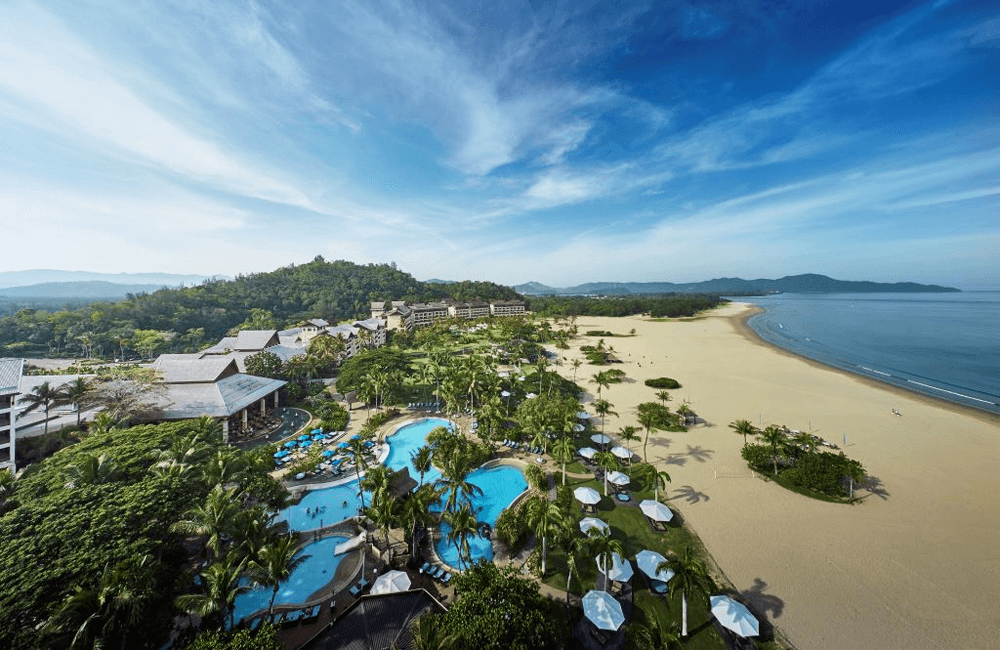 Aerial view of Shangri-La Rasa Ria beach and resort coastline