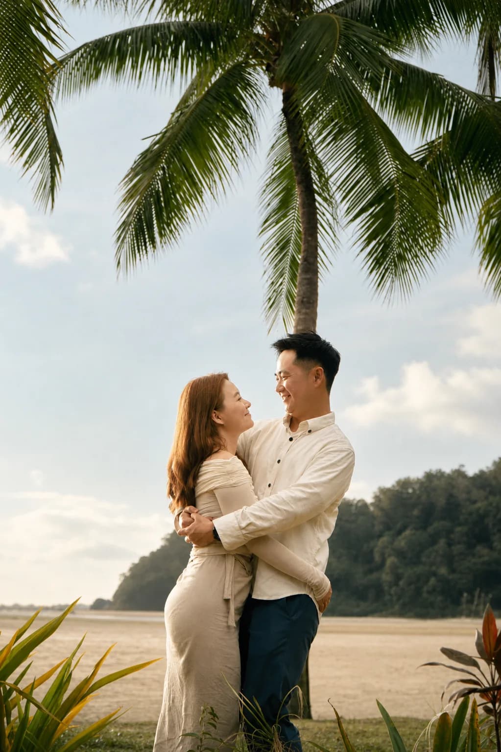 Ian and Phy holding each other beneath the palms at Rasa Ria